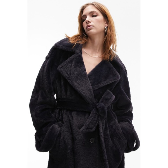*SOLD* Topshop ASOS Fluffy Longline Faux Fur Fluffy Trench Coat Navy Small NEW - Picture 4 of 8
